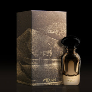 Widian - Limited Collection - Luban Parfumflakon in bernsteinfarbenem Glas neben kunstvoll gestaltetem schwarzem Geschenkbehälter