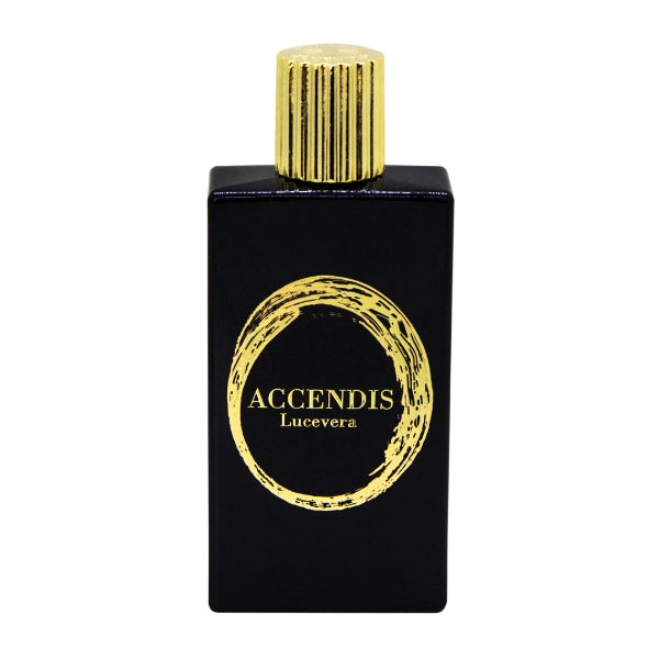 Accendis - Lucevera Parfumflakon in Schwarz mit goldfarbenem, geriffeltem Verschluss und zirkulärem Logo
