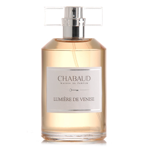 Chabaud - Lumiere de Venise Parfumflakon mit silberfarbenem Zerstäuber und transparentem Deckel vor weißem Hintergrund