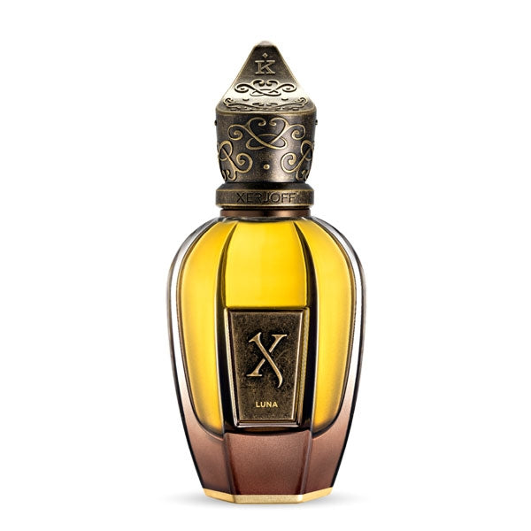 Xerjoff - K Collection - Luna zeigt eleganten Flakon mit kunstvollem Metallverschluss und warmen Gold- und Bronzetönen