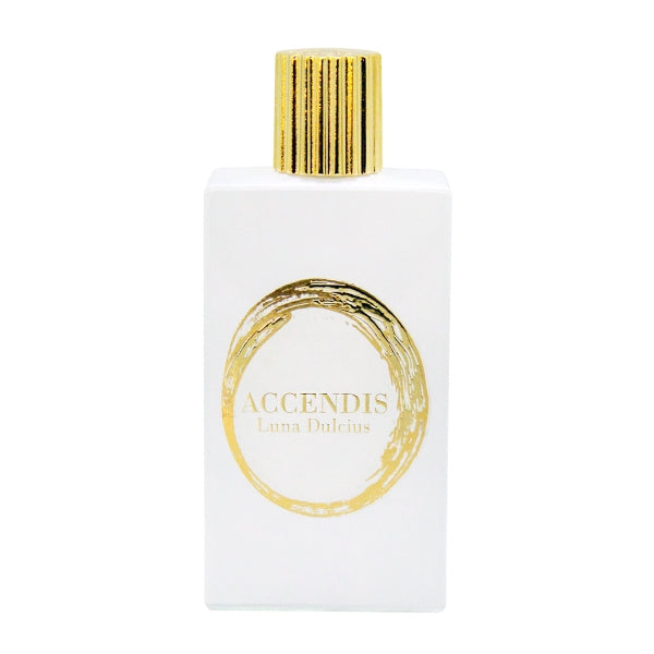 Accendis - The Whites - Luna Dulcius Parfumflakon in schlichtem Weiß mit goldenem Verschluss und rundem Goldmotiv auf Vorderseite