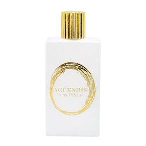 Accendis - The Whites - Luna Dulcius Parfumflakon in schlichtem Weiß mit goldenem Verschluss und rundem Goldmotiv auf Vorderseite