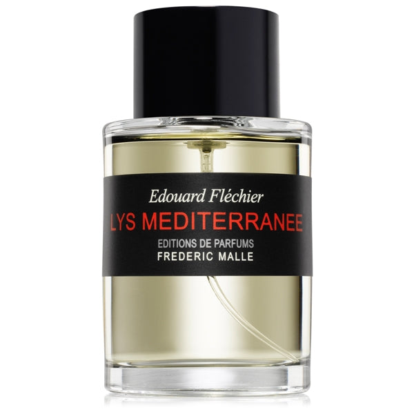 Frédéric Malle - Lys Méditerranée Parfumflakon mit schwarzem Verschluss und hellgelber Flüssigkeit vor weißem Hintergrund