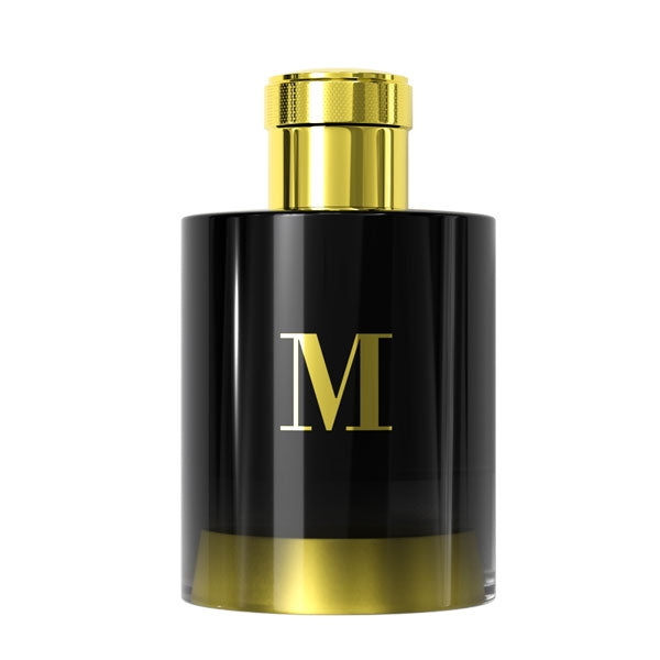 Pantheon Roma - Exclusive Collection - M edler schwarzer Flakon mit goldenem Verschluss und markantem M-Logo vor weißem Hintergrund