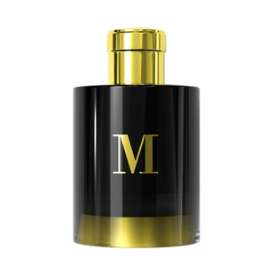 Pantheon Roma - Exclusive Collection - M edler schwarzer Flakon mit goldenem Verschluss und markantem M-Logo vor weißem Hintergrund