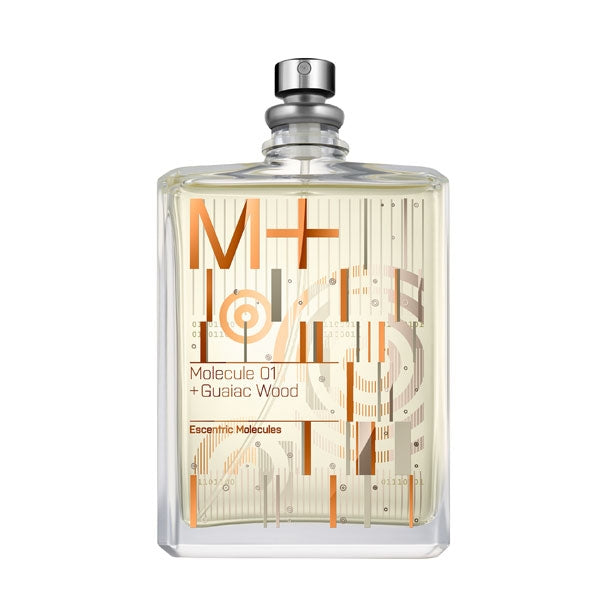 Escentric Molecules - Molecule 01+ Guaiac Wood Parfumflakon mit klarem Glas und orangem Grafikdesign vor weißem Hintergrund