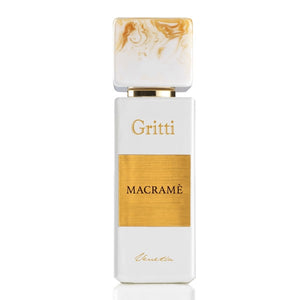 Gritti - White Collection - Macramé Parfumflakon in Weiß mit goldfarbenem Etikett und kunstvollem marmoriertem Verschluss