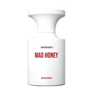 BORNTOSTANDOUT - Mad Honey Parfümflakon in schlichtem Weiß mit roter Schrift und modernem Flaschendesign