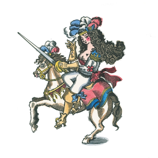 Trudon - Madeleine - Duftkerze Illustration einer Dame mit Federhut auf einem Einhorn im barocken Stil