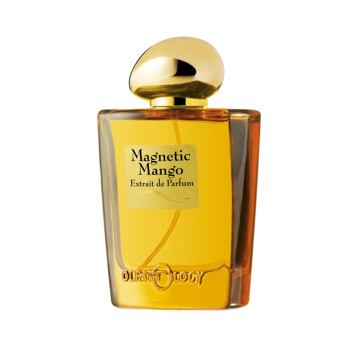 Olfattology - Magnetic Mango Parfumflakon mit goldfarbenem Verschluss und warmem bernsteinfarbenem Duft im klaren Glasflakon