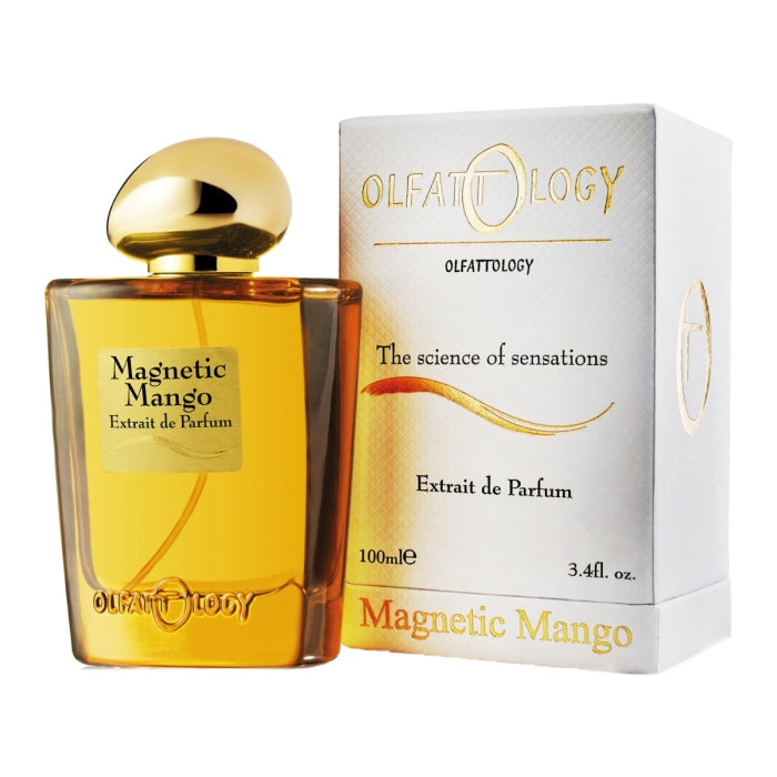 Olfattology - Magnetic Mango Parfumflakon in goldgelb mit edlem Verschluss und passender weißer Verpackung