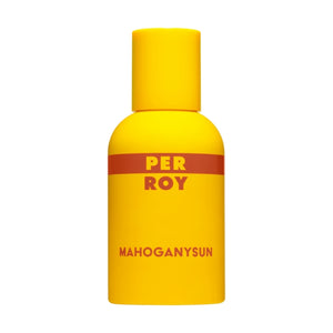 Perroy Parfum - Mahogany Sun sonniger gelber Flakon mit orangefarbenem Schriftzug vor weißem Hintergrund