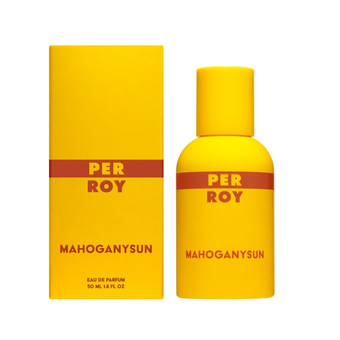 Perroy Parfum - Mahogany Sun sonniger gelber Flakon mit braunem Schriftzug und passender Verpackung vor weißem Hintergrund