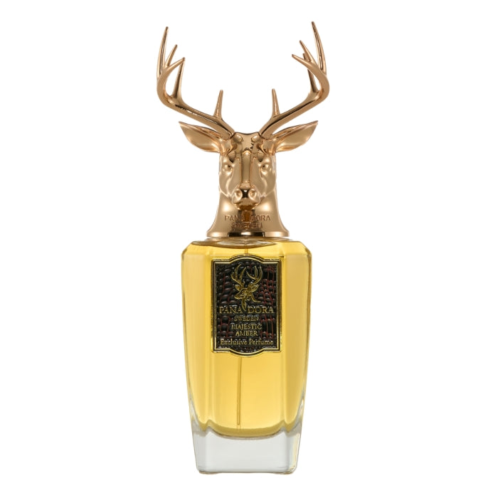 Pana Dora Sweden - Majestic Amber Parfumflakon mit bronzefarbenem Hirschkopf vor weißem Hintergrund