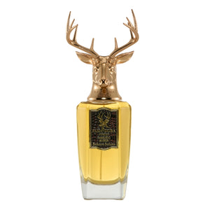 Pana Dora Sweden - Majestic Amber Parfumflakon mit bronzefarbenem Hirschkopf vor weißem Hintergrund