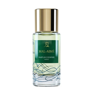 Parfum d'Empire - Mal-Aimé klarer Flakon mit grünem Etikett und goldfarbenem Verschluss vor weißem Hintergrund