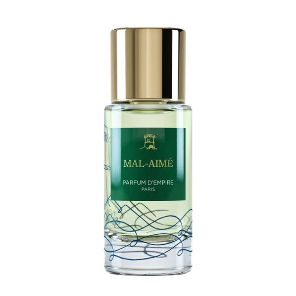 Parfum d'Empire - Mal-Aimé klarer Flakon mit grünem Etikett und goldfarbenem Verschluss vor weißem Hintergrund