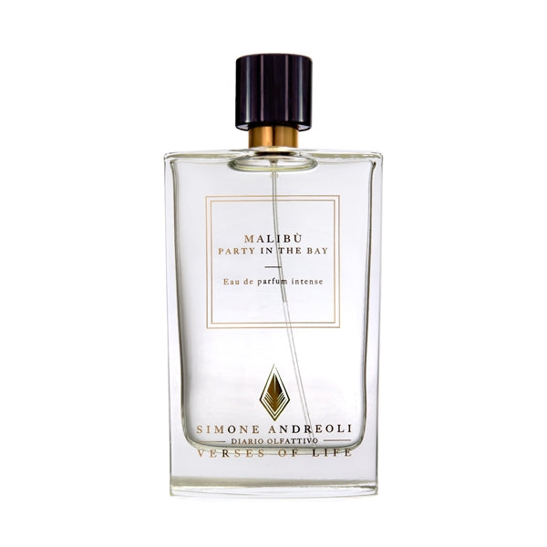 Simone Andreoli - Malibu Parfumflakon mit klarer Glasflasche und schwarzem Verschluss vor weißem Hintergrund