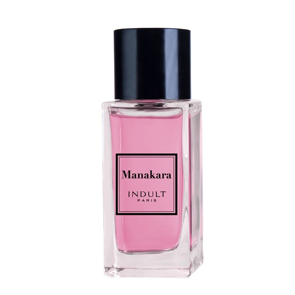Indult - Manakara Parfumflakon mit klarem Glas, schwarzem Verschluss und zartrosa Duft vor weißem Hintergrund