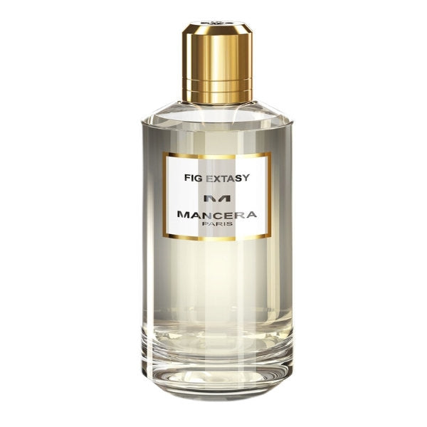 Mancera - Fig Extasy Parfumflakon mit klarem Glas und goldenem Verschluss vor weißem Hintergrund
