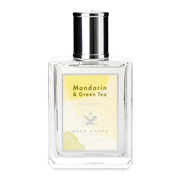 Acca Kappa - Mandarin & Green Tea Parfumflakon mit klarem Glas und hellem Etikett vor weißem Hintergrund