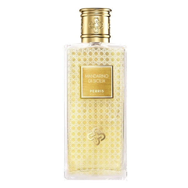 Perris Monte Carlo - Italian Line - Mandarino di Sicilia Flakon mit goldfarbenem Verschluss und filigranem Muster auf hellem Hintergrund