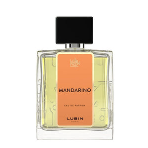 Lubin - Collection Evocations - Mandarino Parfumflakon mit klarem Glas und orangefarbenem Etikett vor weißem Hintergrund