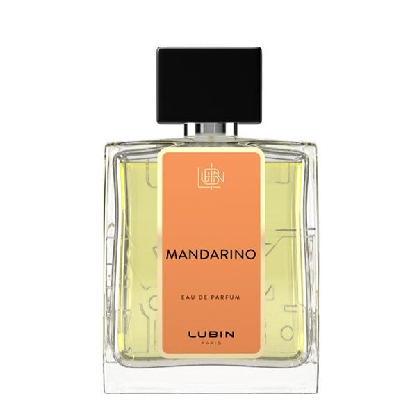 Lubin - Collection Evocations - Mandarino Parfumflakon mit klarem Glas und orangefarbenem Etikett vor weißem Hintergrund