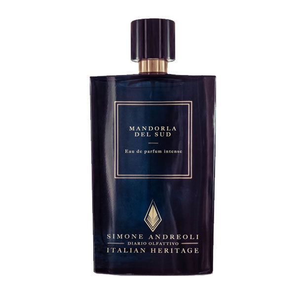 Simone Andreoli - Mandorla del Sud Parfumflakon in dunklem Design mit goldenen Akzenten auf weißem Hintergrund