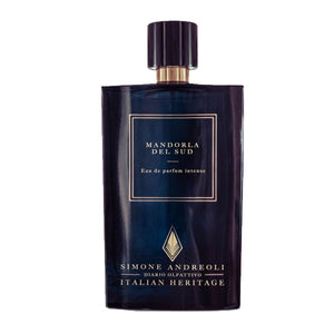 Simone Andreoli - Mandorla del Sud Parfumflakon in dunklem Design mit goldenen Akzenten auf weißem Hintergrund