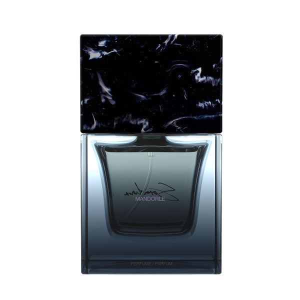 Sora Dora - Mandorle Parfumflakon mit dunklem Glas und schwarzem, marmoriertem Deckel in klarer Formgebung