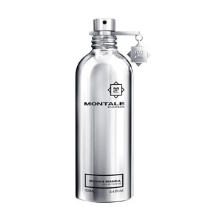 Montale - Mango Manga silberner Flakon mit Logo und Anhänger vor weißem Hintergrund