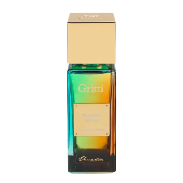 Gritti - Ivy Collection - Mango Aoud Parfumflakon mit goldfarbenem Verschluss und mehrfarbig schimmerndem Flakon vor weißem Hintergrund
