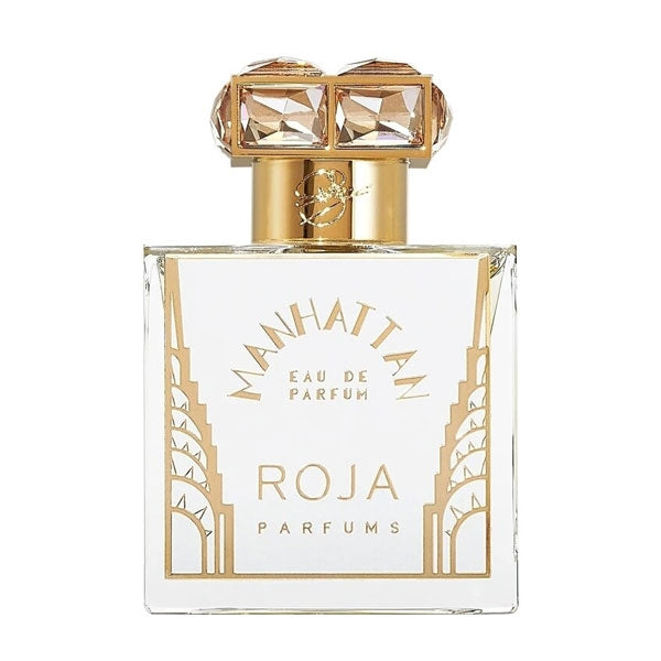 Roja Parfums - Manhattan eleganter klarer Flakon mit goldfarbenem Verschluss und filigranen Verzierungen vor weißem Hintergrund