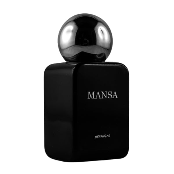 Pernoire - Mansa Parfumflakon in schwarzem, glänzendem Design mit silberner, kugelförmiger Kappe vor weißem Hintergrund