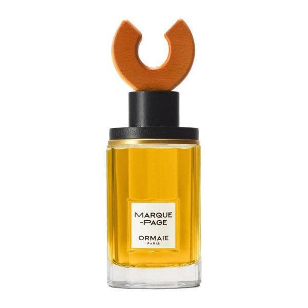 Ormaie - Marque-Page Parfumflakon mit klaren Linien, goldgelber Flüssigkeit und markantem Verschluss aus Holz und Schwarz