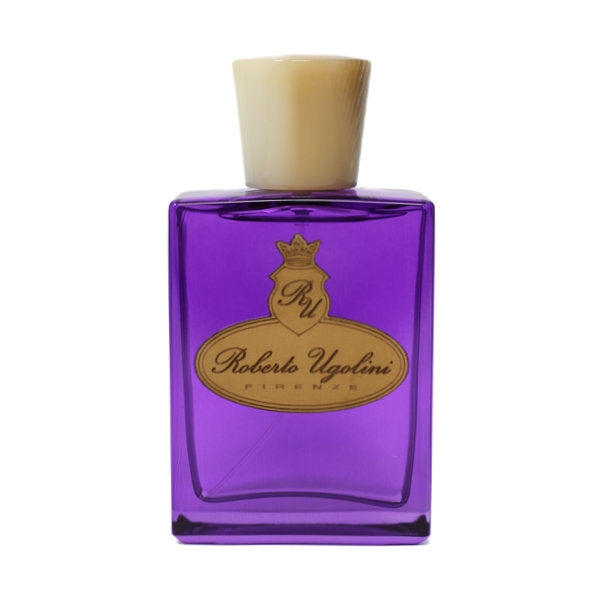 Roberto Ugolini - Marzocco Parfumflakon in violettem Glas mit beigeartigem Verschluss und goldfarbenem Logo auf weißem Hintergrund