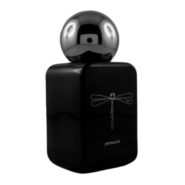 Pernoire - Masar Parfumflakon in mattschwarzer Flasche mit silberner, kugelförmiger Kappe und Libellenmotiv