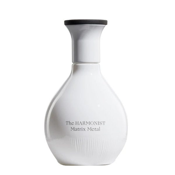 The Harmonist - Matrix Metal Parfumflakon in glänzend weißem Design mit schwarzem Deckel vor weißem Hintergrund