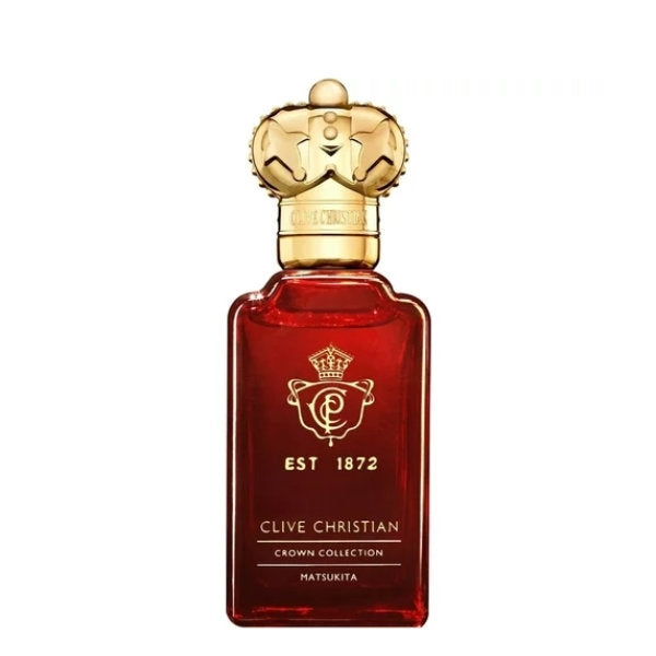 Clive Christian - Crown Collection - Matsukita Flakon mit rotem Glas und goldener Kronenkappe vor weißem Hintergrund