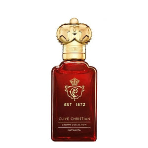 Clive Christian - Crown Collection - Matsukita Flakon mit rotem Glas und goldener Kronenkappe vor weißem Hintergrund