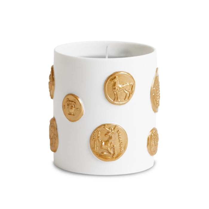 L'Objet - Médaille Candle Kerze aus weißem Biskuitporzellan mit dekorativen goldenen antiken Münzreliefs