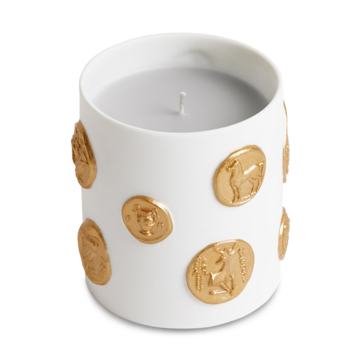 L'Objet - Médaille Candle handgefertigte Kerze aus weißem Biskuitporzellan mit goldverzierten antiken Münzmotiven