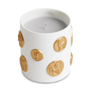 L'Objet - Médaille Candle handgefertigte Kerze aus weißem Biskuitporzellan mit goldverzierten antiken Münzmotiven