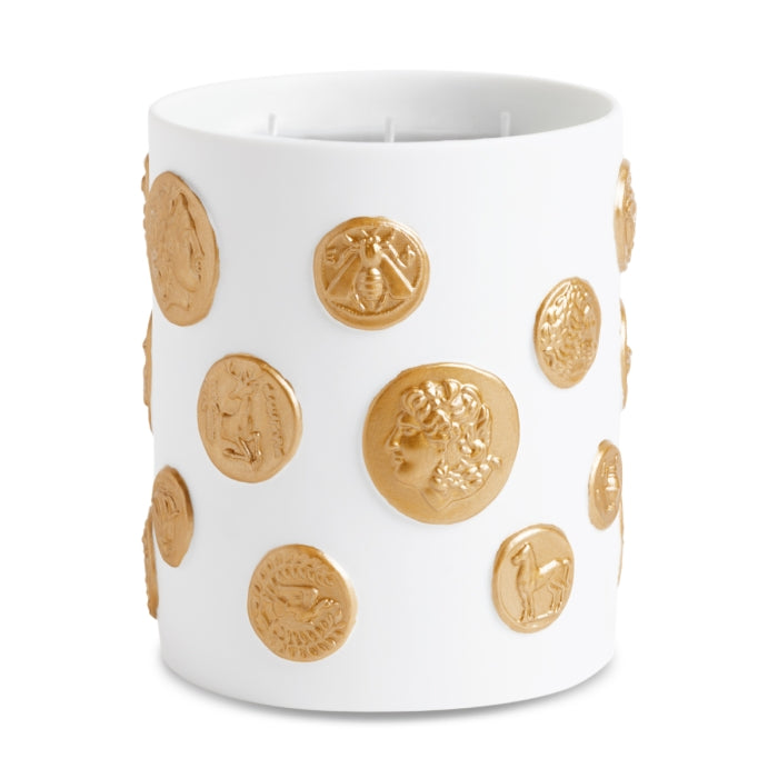 L'Objet - Médaille Candle - 3 Wick weiße Kerze mit drei Dochten, verziert mit goldenen antiken Münzreliefs