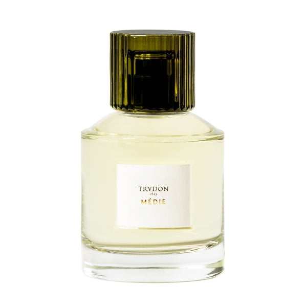 Trudon - Médie Parfumflakon mit klarem Glas und grünem Verschluss vor weißem Hintergrund