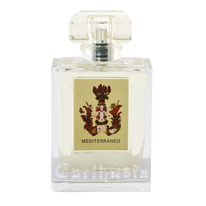 Carthusia - Mediterraneo Parfumflakon mit klarer Glasstruktur und kunstvollem Etikett, inspiriert von Meeresmythos und Frische
