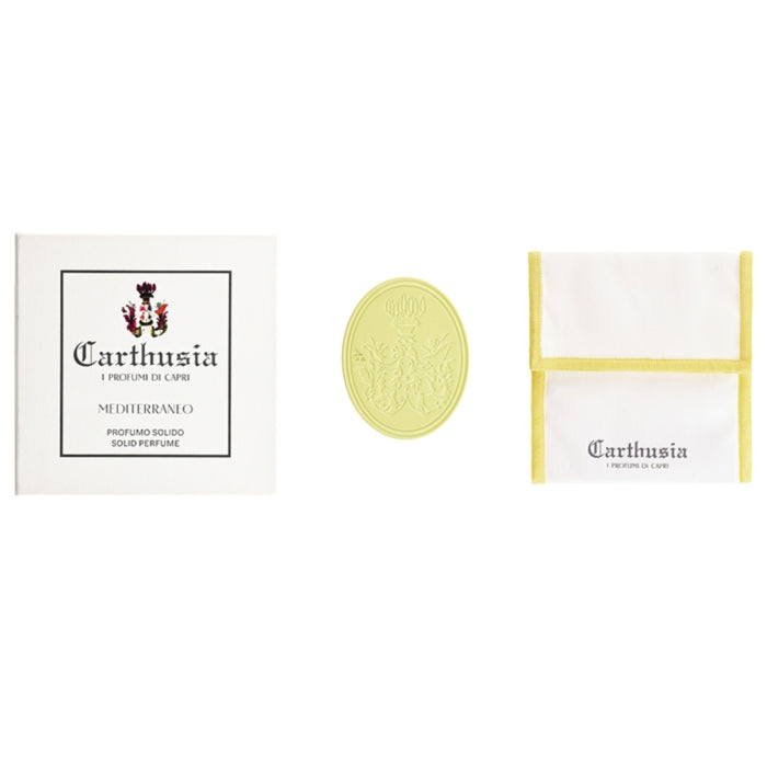 Carthusia - Mediterraneo - Creme Parfum als gelber Duftstein mit geprägtem Muster und Box samt Stoffbeutel