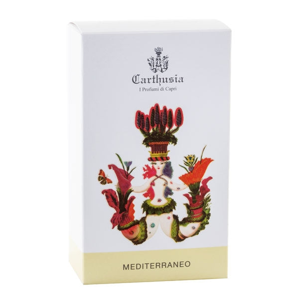 Carthusia - Mediterraneo Verpackung mit farbenfroher mythologischer Illustration und schlichtem weißem Hintergrund