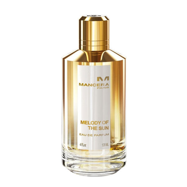 Mancera - Melody of the Sun Parfumflakon in goldfarbenem Design mit weißem Label vor weißem Hintergrund